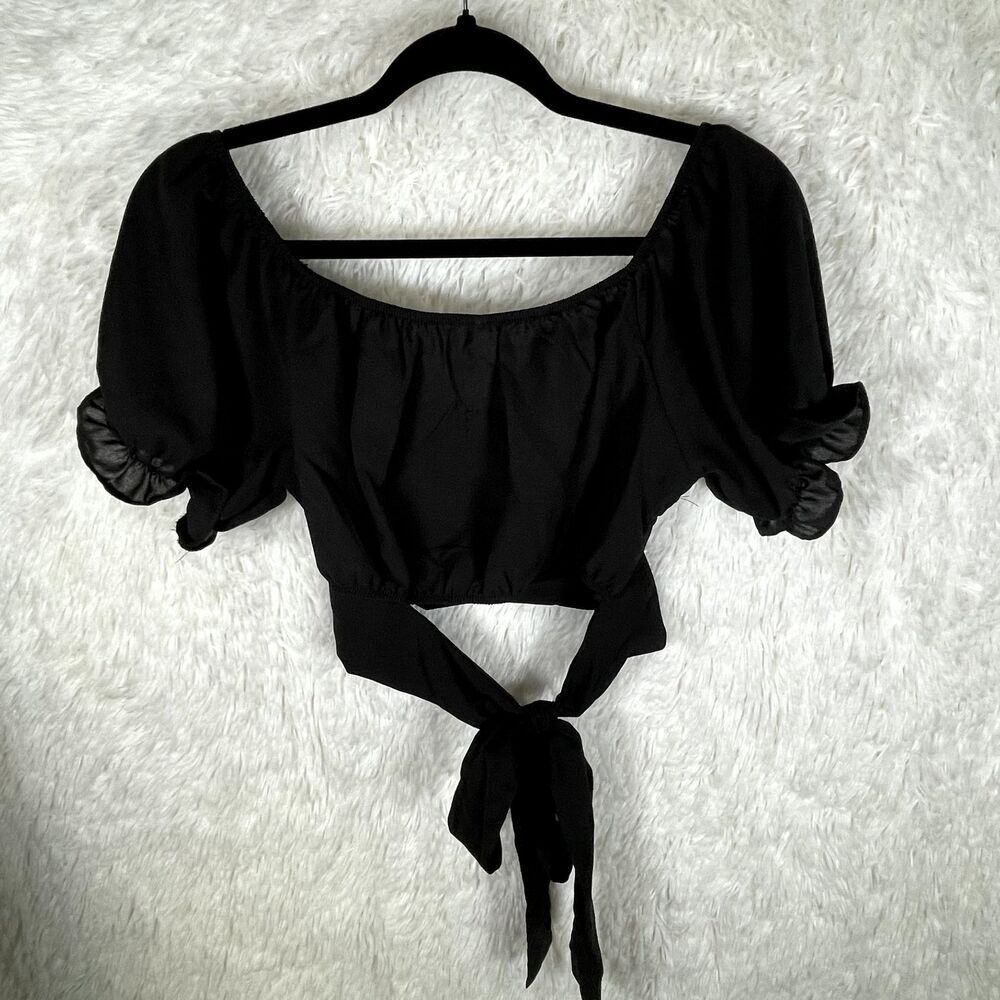 Boutique Tie Back Black Crop Top Peasant Blouse Womens Size Large - Picture 6 of 8